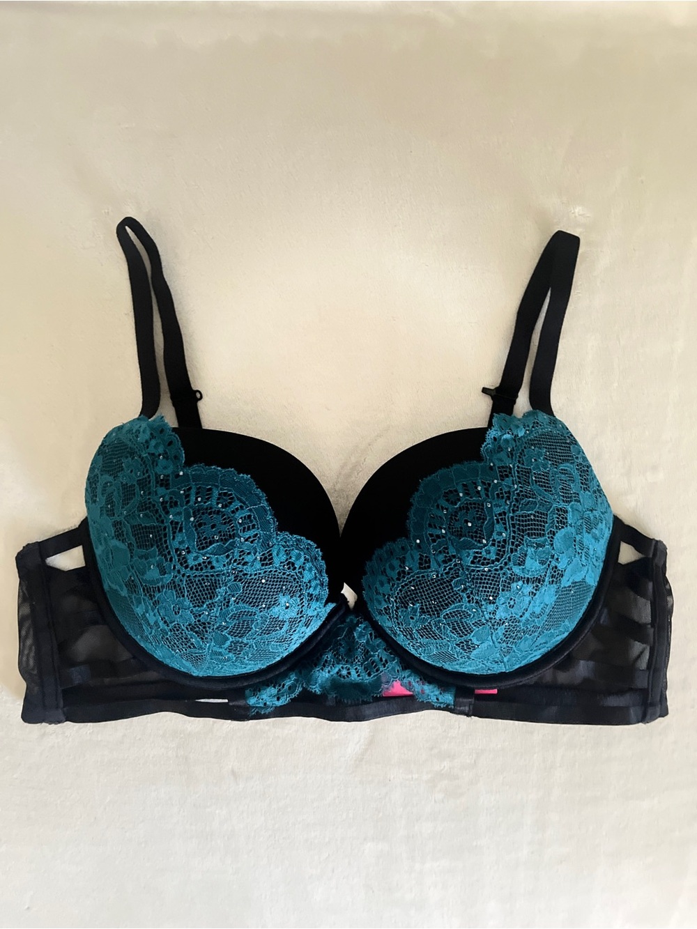 La Senza Black & Teal Lace Rhinestone Push-Up Longline Bra - 38B